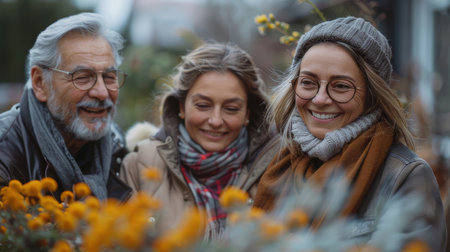 Three smiling neighbors wearing cozy winter clothing, enjoying each other's company in a garden with vibrant flowers on a chilly day.の素材