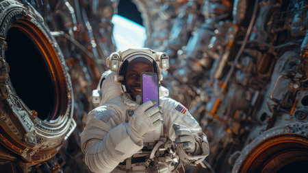 A young Black astronaut in a space suit taking a selfie while floating in zero gravity inside a spacecraft.の素材