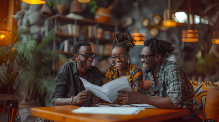 Young African businesspeople laughing together while reading documents in a cozy library cafe. Collaborative team meeting with joyful expression.の素材