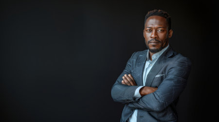 Handsome, confident black businessman wearing a suit with arms crossed, standing against a dark background. Professional and poised, perfect for business themes.の素材