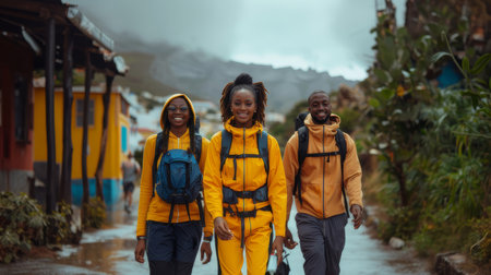 Three happy friends trekking outdoors in rainy weather, dressed in vibrant yellow jackets, enjoying an adventurous hike.の素材