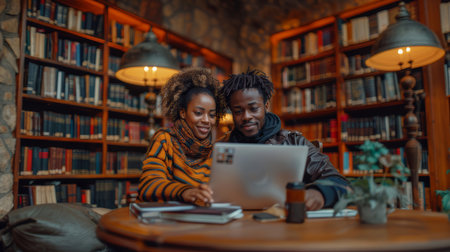 A cheerful young couple working together on a laptop in a warm, cozy library. They are focused and engaged in their project.の素材