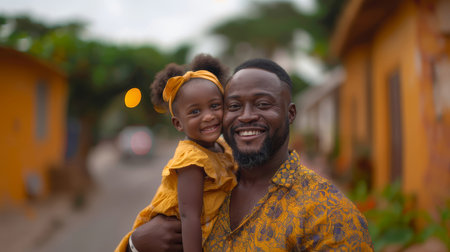 Joyful black father carrying and smiling with his baby girl outdoors in a sunny, colorful neighborhood. They both wear matching yellow outfits.の素材