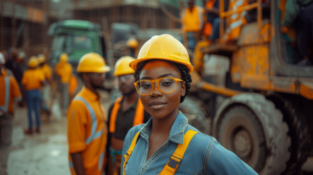 Confident female engineer wearing safety gear stands at a busy construction site with team members in the background. Leadership, teamwork, and construction industry concepts.の素材