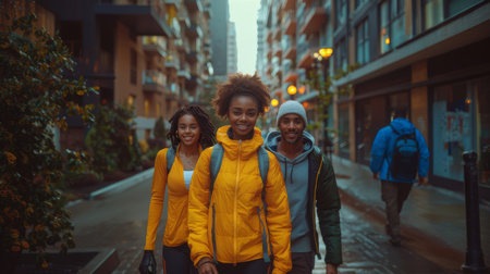 Three smiling athletic friends in yellow jackets enjoying a walk in a modern urban area. They appear happy and energetic.の素材