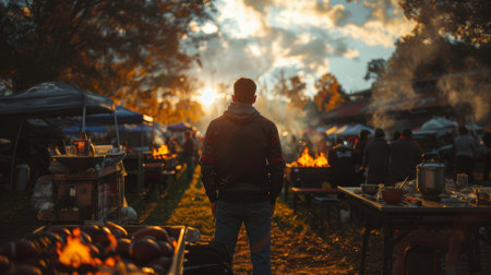 American football fan stands at a lively tailgate event during sunset, surrounded by food, games, and excitement.の素材