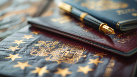 Close-up image of passports with a fountain pen, representing visa application, immigration, travel, and documentation process.の素材