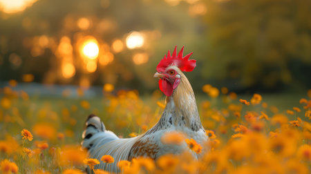 A splendid white rooster with a vibrant red comb standing in a lush field of orange flowers during a serene sunrise.の素材