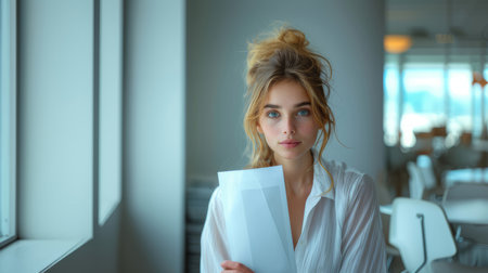 Young businesswoman bored and tired, holding documents in a modern office setting. Represents workplace frustration and waiting.の素材