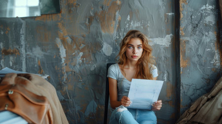 Young businesswoman looking bored and tired, holding documents in an urban office environment. The feeling conveyed is frustration and impatience. Job stress is evident.の素材
