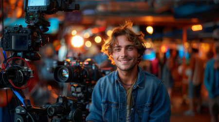 Young man with a cheerful expression working amidst professional cameras in a lively and colorful studio environment.の素材