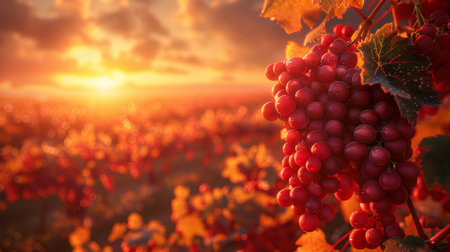 Ripe red grapes in a vineyard during a sunny fall harvest, bathed in warm sunset light. Perfect for autumn, agriculture, and nature-related themes.の素材