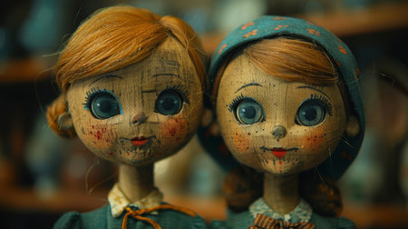 Close-up of two vintage wooden dolls with blue eyes and delicate clothing, evoking nostalgia and childhood memories.の素材
