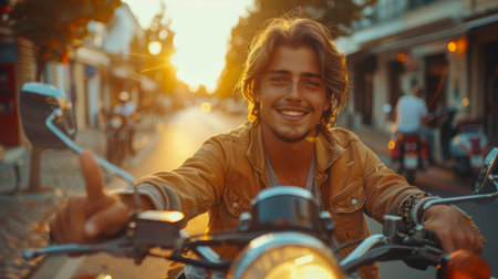 Smiling man riding a motorcycle at sunset on a scenic city street, exuding freedom, happiness, and adventure.の素材