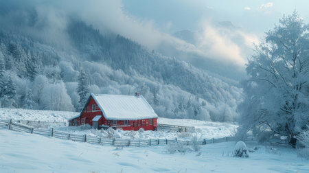 Scenic winter landscape featuring an old farm in the mountains on a foggy morning. The red barn stands out amidst the snow-covered trees and fields.の素材