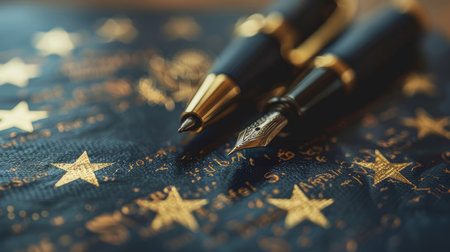 Close-up of two elegant fountain pens placed on a document adorned with golden stars and text, conveying themes of official documents and sophistication.の素材