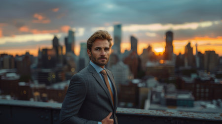 Confident young businessman in a stylish suit standing on a rooftop with city skyline and sunset in the background. Urban professional with a serious expression.の素材