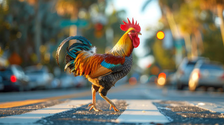 Colorful rooster crossing a street in Key West, USA. Experience urban wildlife with this striking rooster in a city setting.の素材