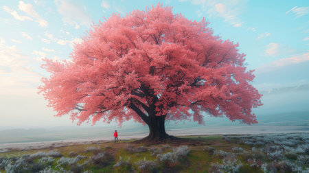 A beautiful, blooming sakura tree standing majestically in a misty morning field, symbolizing tranquility and the beauty of nature.の素材