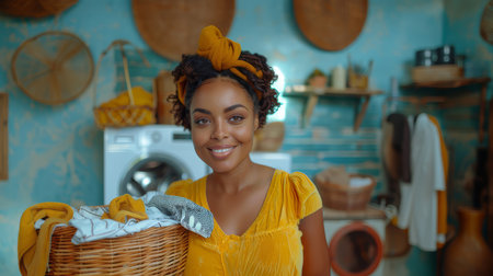 A cheerful plus size African woman carrying a basket of laundry in a cozy home environment, exuding happiness and contentment.の素材