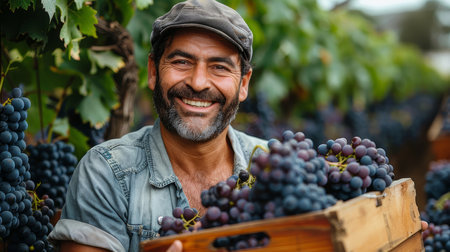 Cheerful male farm worker picks fresh grapes in a vineyard. He is smiling and holding a crate full of ripe grapes during the autumn harvest season.の素材