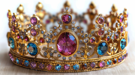 Close-up of a beautifully crafted gold crown adorned with various colorful gems, isolated on a white background, showcasing royalty, luxury, and elegance.の素材