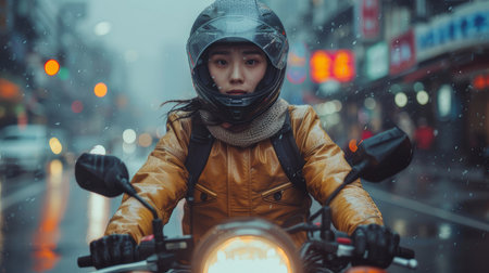 Asian man riding motorcycle through rainy urban street, wearing helmet and yellow jacket. The scene depicts determination and city life.の素材