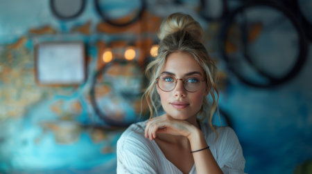 Confident young businesswoman wearing glasses, looking at camera, in a modern office setting with a vibrant background.の素材