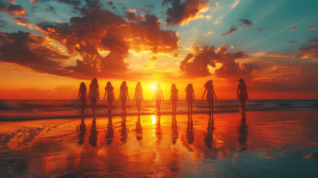 A group of friends walking along the beach at sunset, enjoying their summer vacation together with a vibrant sky and calm ocean.の素材