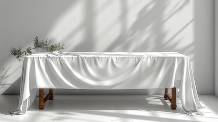 Elegant table adorned with a white tablecloth in a minimalist, sunlit room. Decorative greenery adds a touch of nature.の素材