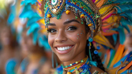 Close-up of a woman in vibrant carnival costume, smiling at the Rio de Janeiro festival. The atmosphere is festive and full of energy.の素材