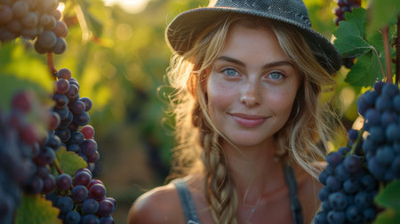 A young woman smiling while inspecting ripe grapes in a sunny vineyard, symbolizing natural beauty and agriculture.の素材