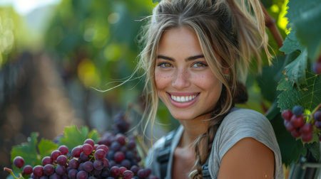 Happy woman with a radiant smile picking bunches of red grapes in a lush vineyard, enjoying a sunny day outdoors.の素材