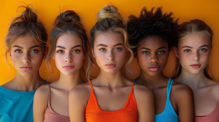 Group portrait of diverse teenagers against a vibrant orange background, showcasing various expressions and colorful fashion.の素材