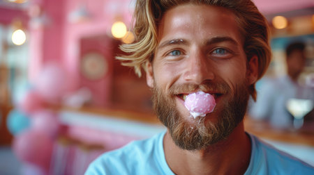 A close-up image of a smiling man with chewing gum in his mouth, set against a vibrant and blurred background.の素材