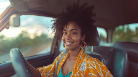 A cheerful young African American woman smiling while driving her car on a sunny day, exuding joy and freedom.の素材