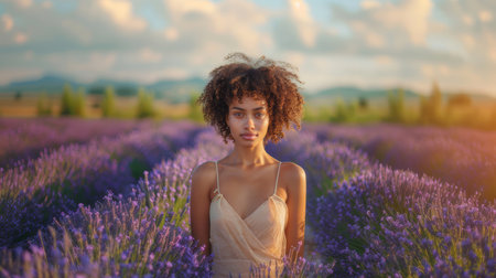 Young woman in a lavender field at sunset, wearing an elegant dress, capturing beauty and nature.の素材