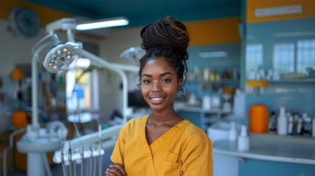 Confident female dentist smiling while standing in a modern dental clinic with professional equipment in the background.の素材