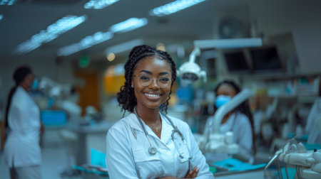 A confident female dentist smiling while standing in a modern dental clinic with her medical team in the background, emphasizing teamwork and professionalism in healthcare.の素材