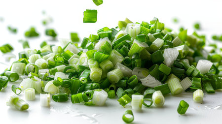 Dynamic image of freshly cut green onions falling and piling up on a white background, showcasing freshness and culinary preparation.の素材