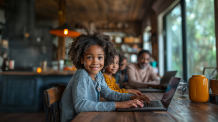 A joyful African American family enjoying quality time together using laptops at home. Perfect representation of modern technology, education, and family bonding.の素材