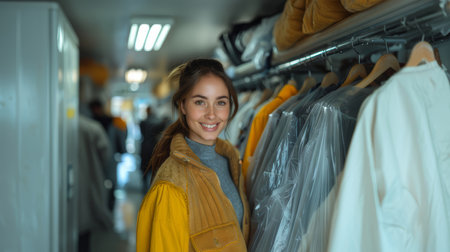 A cheerful woman in a yellow jacket holding a hanger at a dry-cleaning service. She is standing near a row of cleaned garments.の素材