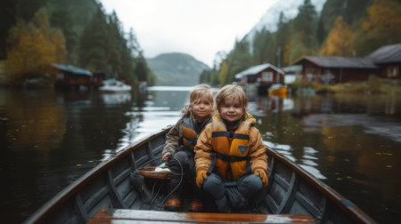 Two cute siblings in life jackets sit smiling on a boat, surrounded by a scenic lake and nature.の素材