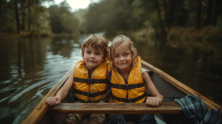 Two cute siblings sitting in a canoe wearing life jackets on a serene river, enjoying a day of outdoor adventure and bonding.の素材