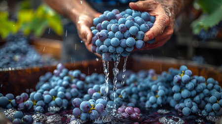 Close-up of winemaker pouring grape clusters into a press, highlighting grape texture and freshness in an artisanal wine-making process.の素材