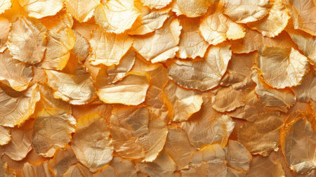 A detailed close-up of numerous pieces of edible gold leaf, showcasing their intricate texture and luxurious golden color.の素材