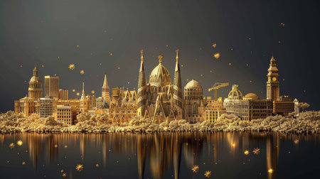 Intricate golden line art illustration of the modern Barcelona city skyline, highlighting its iconic architectural landmarks against a dark backdrop.の素材