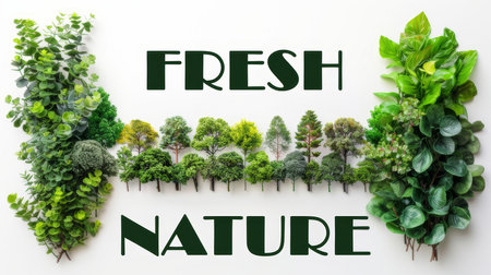 A collection of different green trees and plants on a white background with text 'Fresh Nature', showcasing lush greenery and natural beauty.の素材