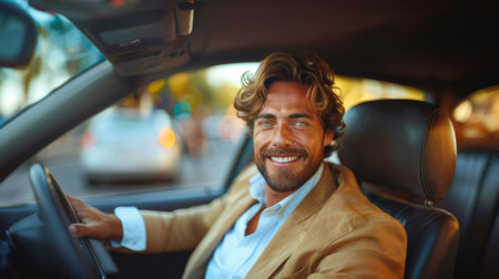 Handsome smiling man driving a luxury car in an urban setting with city lights glowing. Concept of style, confidence, and success.の素材