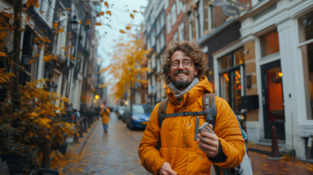 Joyful tourist taking a selfie on a vibrant autumn day in Amsterdam, capturing the beautiful street scenery.の素材